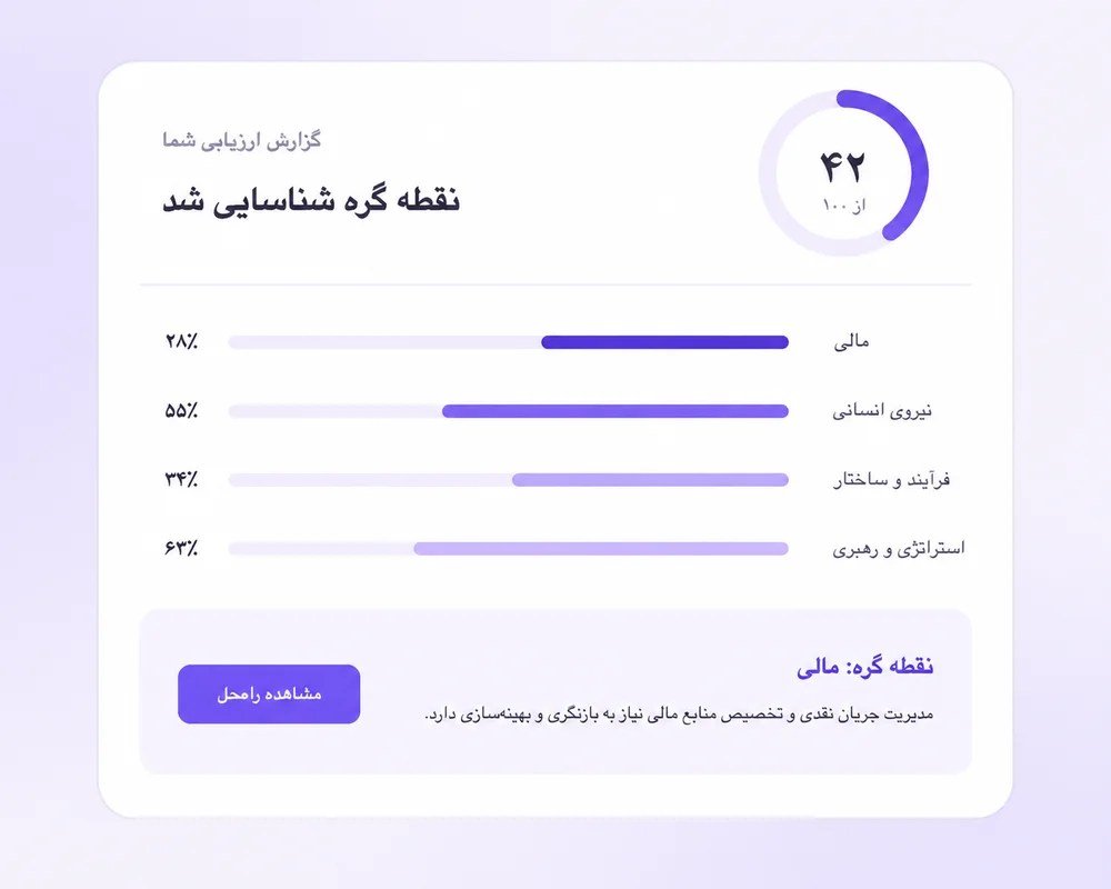 نمونه گزارش ارزیابی ALFAI با امتیاز کلی، چهار حوزه و نقطه گره شناسایی‌شده